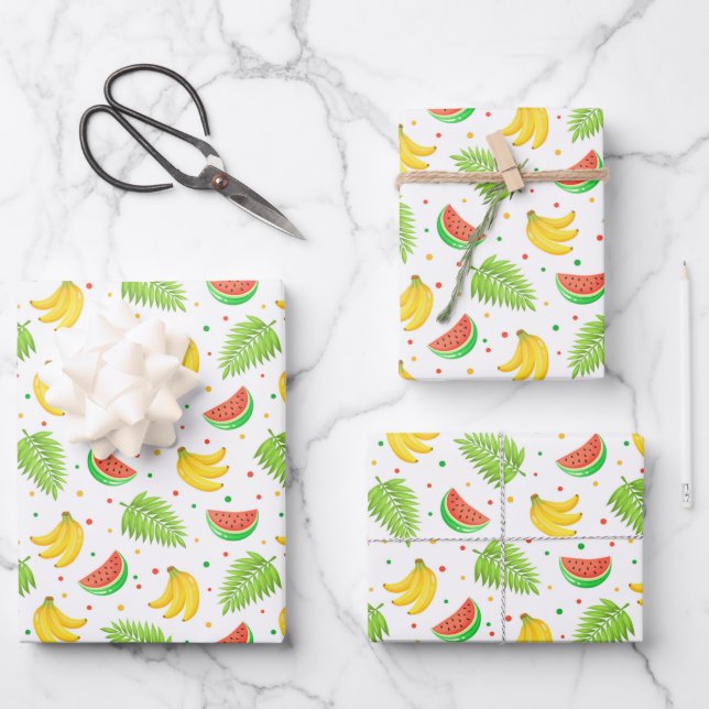 Feuille De Papier Cadeau Motif à point de polka de fruits tropicaux (Recto)