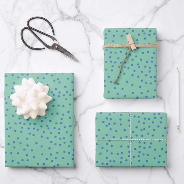 Feuille De Papier Cadeau Motif à points bleu et vert à la menthe  (Recto)