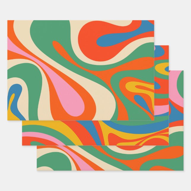Feuille De Papier Cadeau Motif Abstrait coloré Mod Swirl Retro Trippy (Lot)
