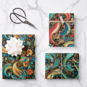 Feuille De Papier Cadeau Motif Abstrait Paisley Golden Flower Set 3