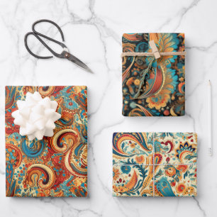 Feuille De Papier Cadeau Motif Abstrait Paisley Golden Flower Set 4
