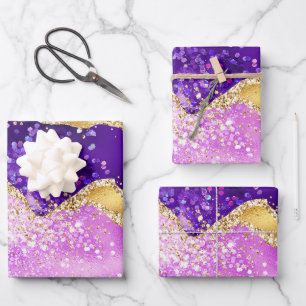 Feuille De Papier Cadeau Motif agate pailleté or et violet