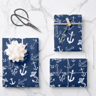 Feuille De Papier Cadeau Motif Ancre bleu marine