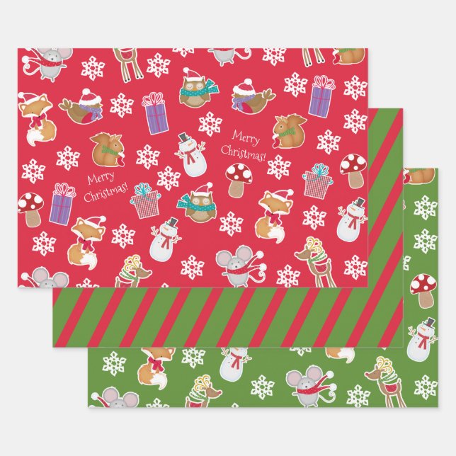Feuille De Papier Cadeau Motif animal de bois Rouge Vert Joyeux Noël (Lot)