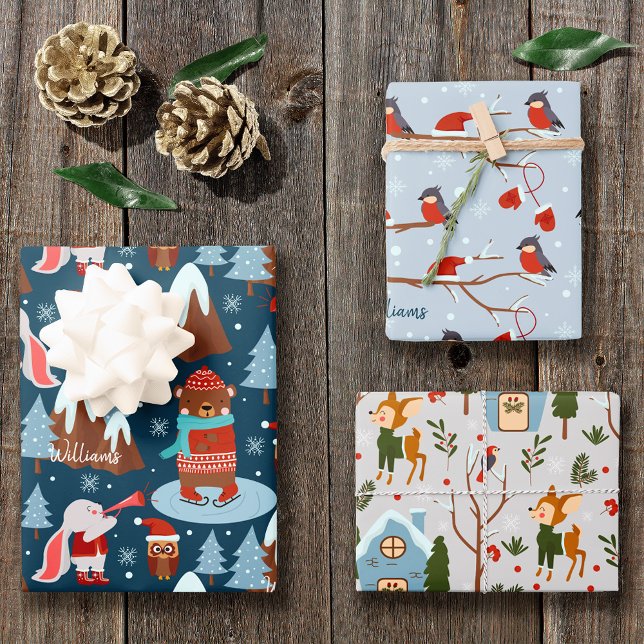 Feuille De Papier Cadeau Motif animal mignon avec nom Noël bleu (Créateur téléchargé)
