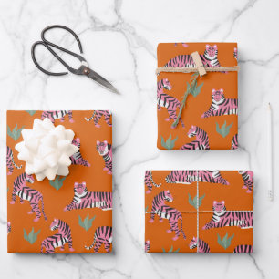 Feuille De Papier Cadeau Motif animalier Boho Rose Orange Jungle Tigre