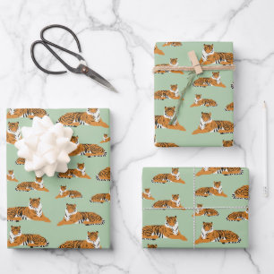 Feuille De Papier Cadeau Motif animalier de tigre de jungle vert sauge oran