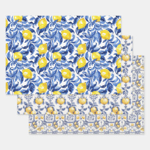 Feuille De Papier Cadeau Motif aquarelle de citron bleu 