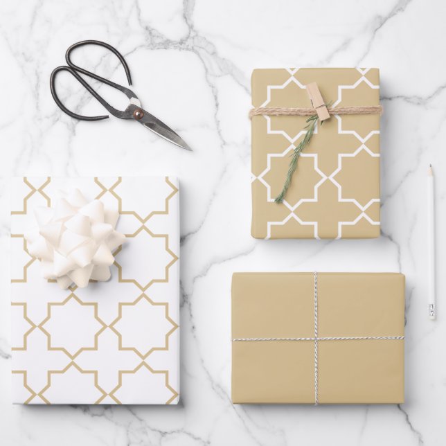 Feuille De Papier Cadeau Motif Arabesque Marocain Beige Or (Recto)