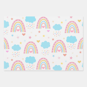 Feuille De Papier Cadeau Motif arc-en-ciel bohème avec nuages pastel