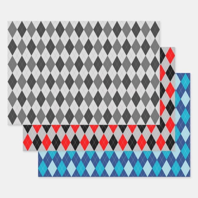 Feuille De Papier Cadeau Motif Argyle Gris Rouge et Bleu (Lot)