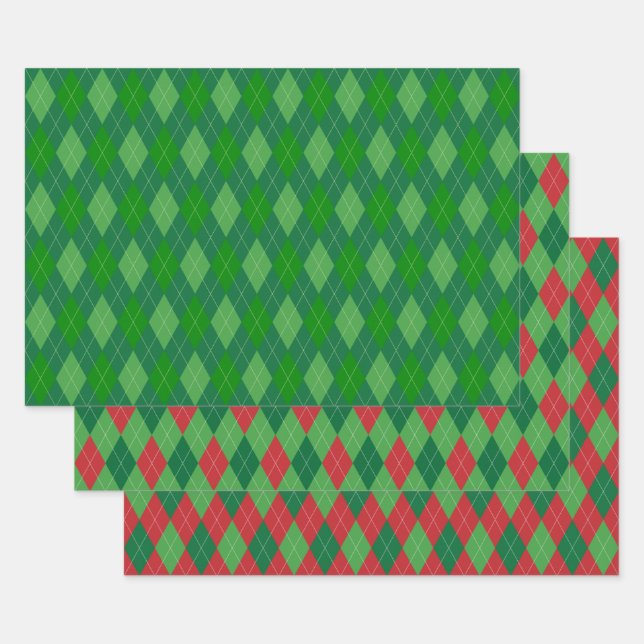 Feuille De Papier Cadeau Motif Argyle Rouge et Vert (Lot)