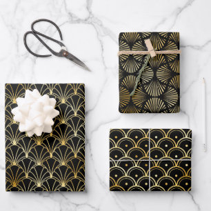 Feuille De Papier Cadeau Motif Art déco Gold et Black Circles