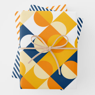 Feuille De Papier Cadeau Motif artistique de cercles chic bleu foncé jaune
