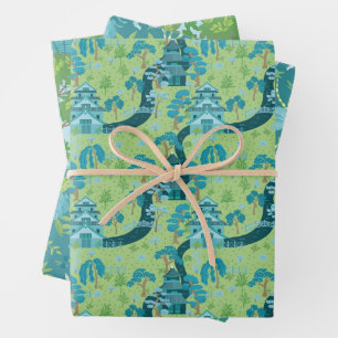 Feuille De Papier Cadeau Motif Asiatique Bleu Vert