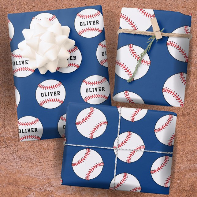 Feuille De Papier Cadeau Motif Ball Bleu de baseball Nom des enfants (Créateur téléchargé)