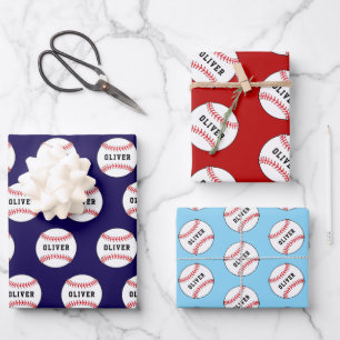 Feuille De Papier Cadeau Motif Balle de Baseball Nom Enfants Anniversaire E