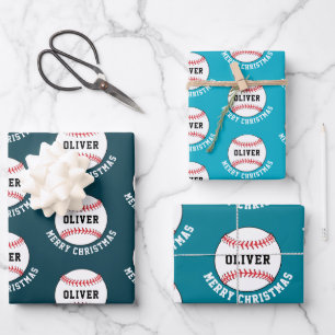 Feuille De Papier Cadeau Motif Balle de Baseball Nom Enfants Joyeux Noël
