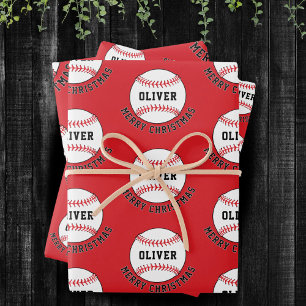 Feuille De Papier Cadeau Motif Balle de Baseball Nom Enfants Joyeux Noël