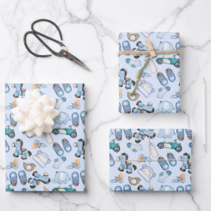 Feuille De Papier Cadeau Motif bébé garçon aquarelle avec vêtements bleus j