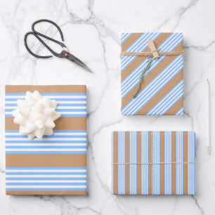 Feuille De Papier Cadeau Motif bleu et blanc à cinq rayures avec beige