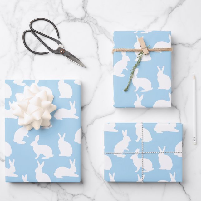 Feuille De Papier Cadeau Motif bleu et blanc de lapins mignons Pâques migno (Recto)