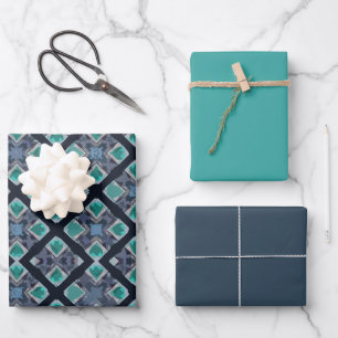 Feuille De Papier Cadeau Motif bleu tribal double diamant MVB