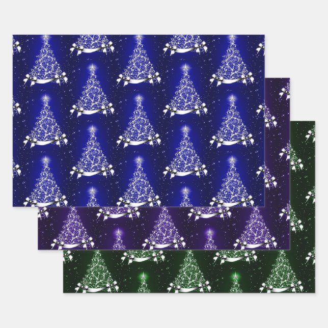 Feuille De Papier Cadeau Motif bleu vert et mauve Arbre d'argent (Lot)