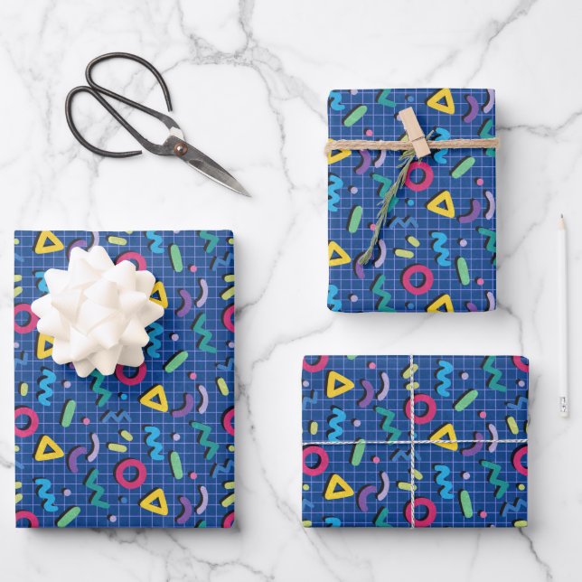Feuille De Papier Cadeau Motif Blue Memphis (Recto)