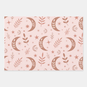 Feuille De Papier Cadeau Motif bohème lunaire marron terreux sur crème 