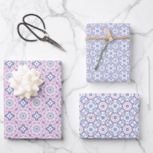Feuille De Papier Cadeau Motif botanique bleu, lavande et rose