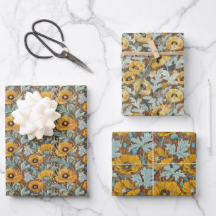 Feuille De Papier Cadeau Motif botanique vintage - Poppies d'or