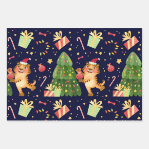 Feuille De Papier Cadeau Motif cadeau de Noël petit tigre dans l'arbre de N