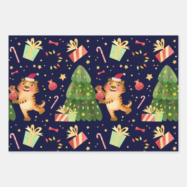 Feuille De Papier Cadeau Motif cadeau de Noël petit tigre dans l'arbre de N (Devant)