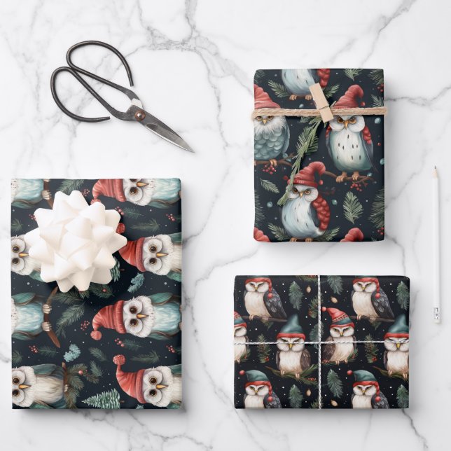 Feuille De Papier Cadeau Motif Casquette de Noël de la Chouette lunaire (Recto)