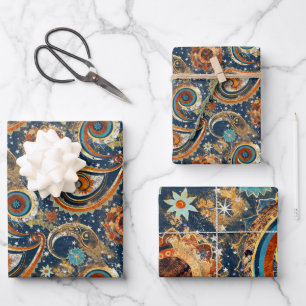 Feuille De Papier Cadeau Motif Celestial Paisley Marine Bleu, Orange, Or