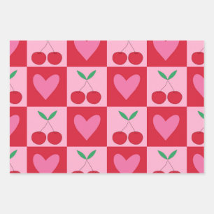 Feuille De Papier Cadeau Motif Cerises à Carreaux avec Cœurs Roses