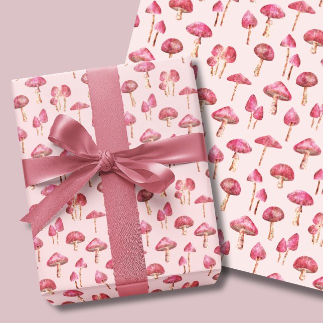 Feuille De Papier Cadeau Motif champignon rose (Pink mushroom wrapping paper sheets. Woodland mushrooms on soft pink background.)
