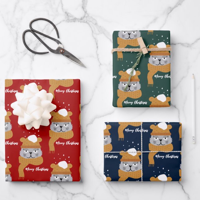 Feuille De Papier Cadeau Motif chat de Noël mignon (Recto)