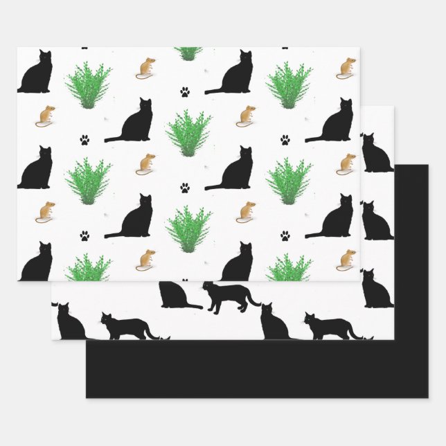 Feuille De Papier Cadeau Motif Chat Noir et Souris  (Lot)