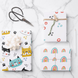 Feuille De Papier Cadeau Motif Chats Et Arcs-En-Ciel