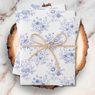 Feuille De Papier Cadeau Motif classique de fleurs bleues Toile bleue franç