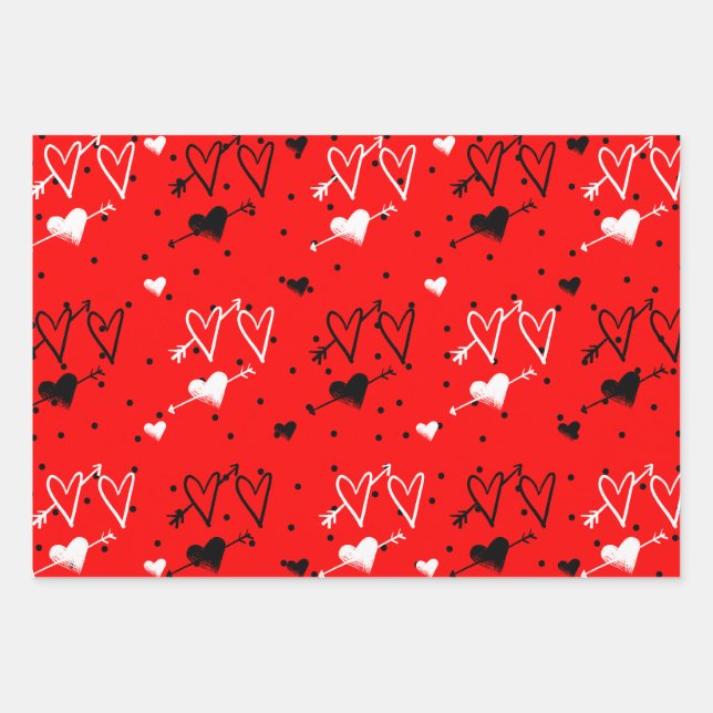 Feuille De Papier Cadeau Motif Coeur Noir Et Blanc Cupids (Devant)