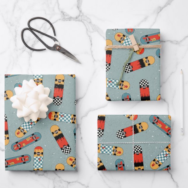 Feuille De Papier Cadeau Motif Cool bleu Retro Skateboard (Recto)