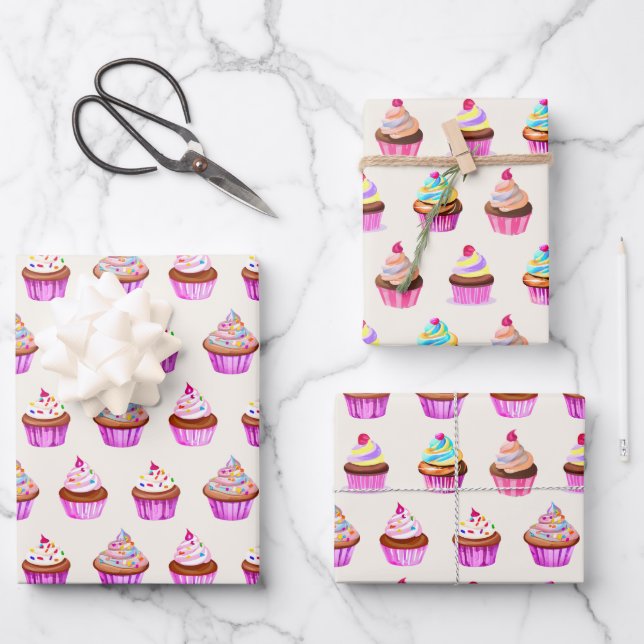 Feuille De Papier Cadeau Motif Cupcakes aquarelle (Recto)