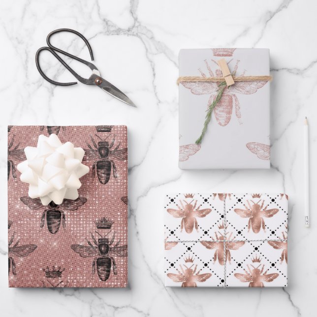 Feuille De Papier Cadeau Motif d'abeille en or rose (Recto)