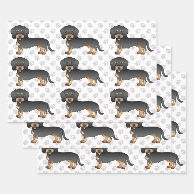 Feuille De Papier Cadeau Motif Dachshund Chien Haie De Fil Noir Et Tan (Lot)