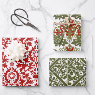 Feuille De Papier Cadeau Motif Damas Vert Rouge Blanc Noël
