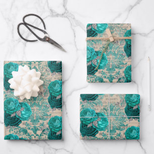 Feuille De Papier Cadeau Motif damassé floral sarcelle argenté vintage