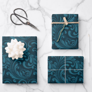 Feuille De Papier Cadeau Motif damassé floral sarcelle foncé